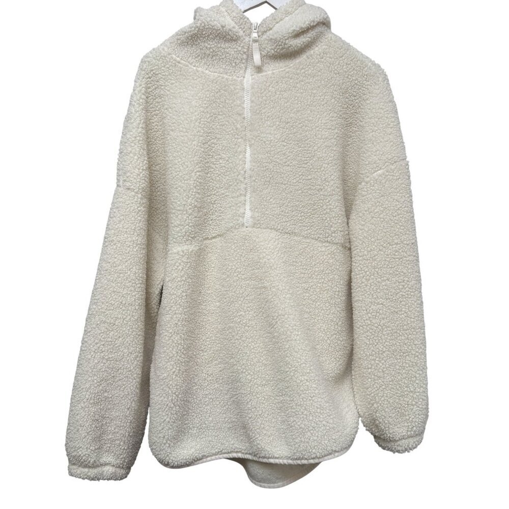 OLD NAVY Fleece Hoodie  Large Womens Cozy Teddy Pullover Half-Zip Cream